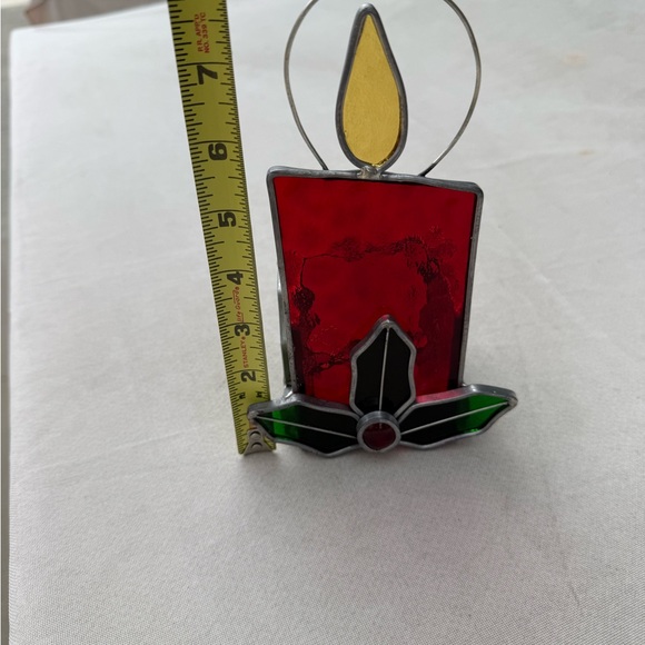 Vintage Stained Glass Christmas Holly And Candle Votive Tea Light Holder 8" - Picture 5 of 6